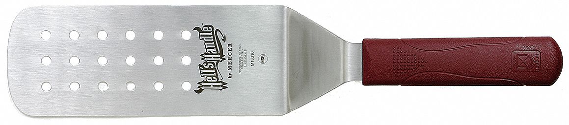 Perforated Turner: Stainless Steel, 8 in Blade Lg, 3 in Blade Wd, Rounded Edge, Red