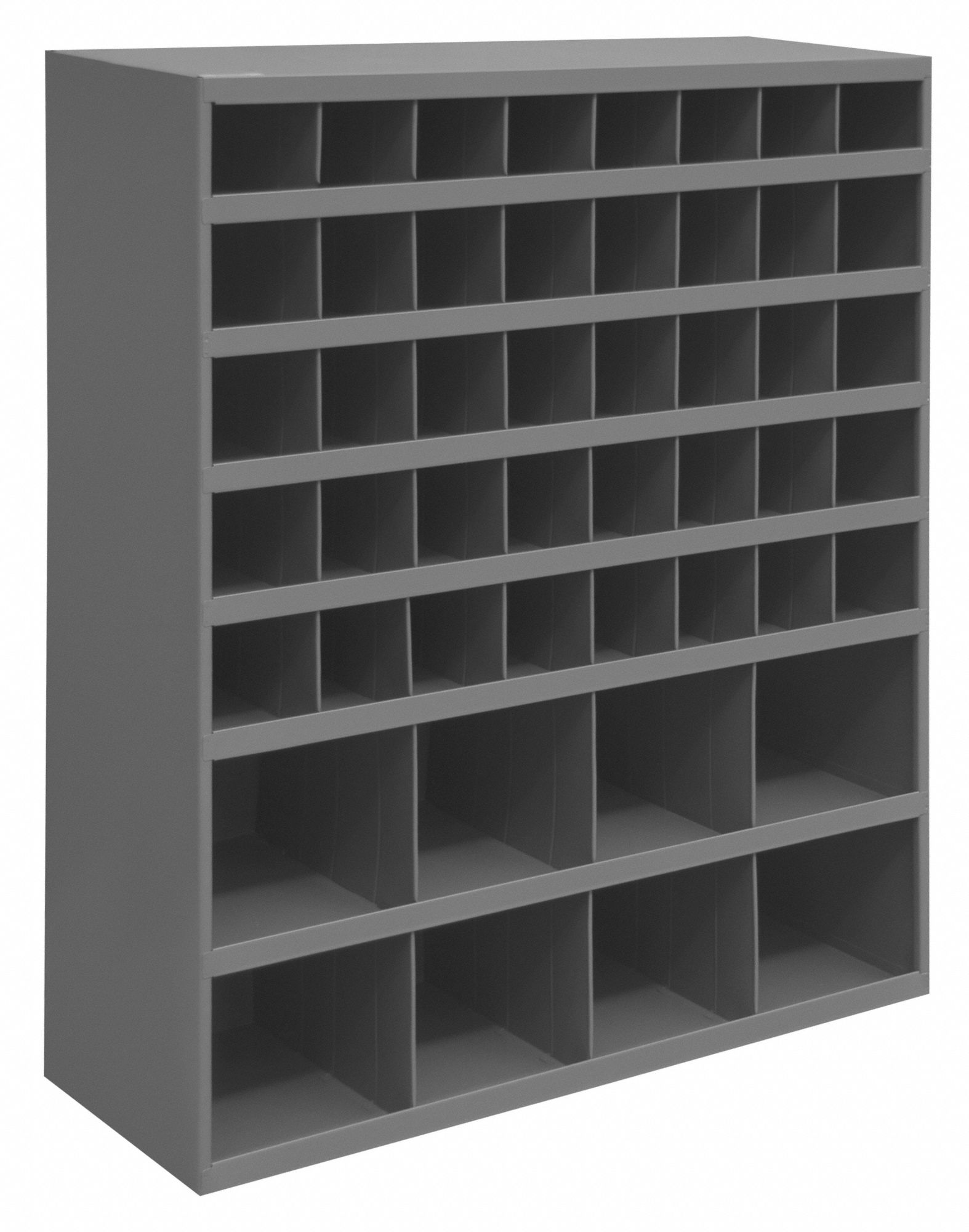 PIGEONHOLE BIN UNIT, 34 IN X 12 IN X 42 IN, 48 COMPARTMENTS, 12 IN, GREY, STEEL