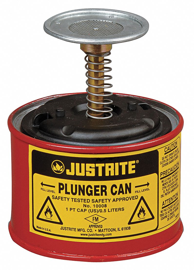 PLUNGER CAN, 1/8 GAL, RED, GALVANIZED STEEL, BRASS, RYTON, 5¼ IN H, 4⅞ IN OD, POWDER COATED