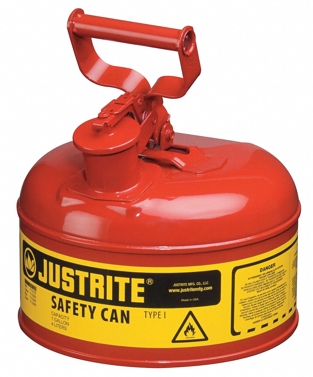 Type I Safety Can: For Use With Flammables, 1 gal Capacity, Powder Coated Steel, Red