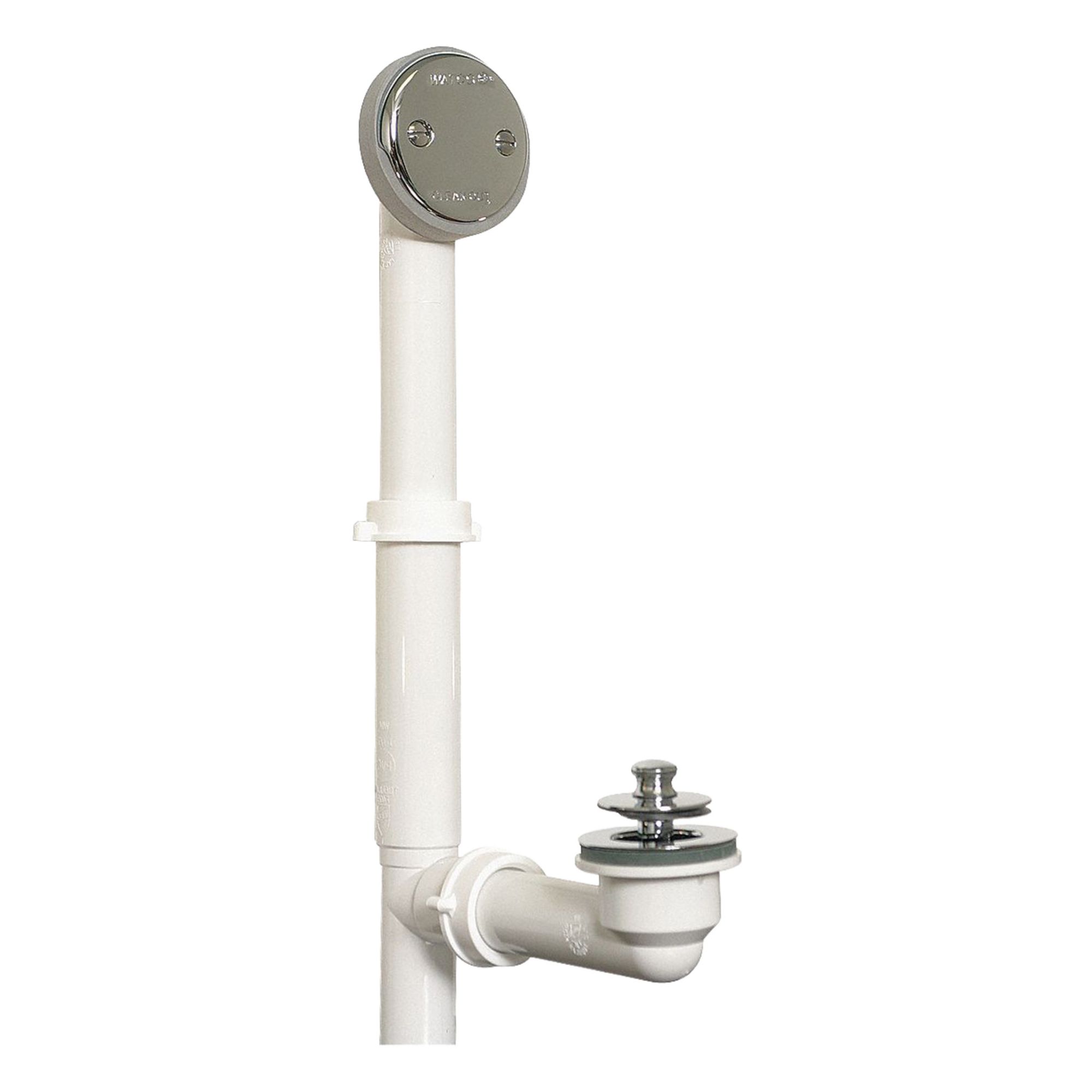 WATCO Shower Drain: Plastic, Chrome, 2 7/8 in Overall Dia, 16 in Overall Ht, Lift and Turn, Slip (MPN 500-LT-PVC-CP). Key specifications — Color: Silver; Includes: Overflow Gasket; Connection Type: Slip; Material: Plastic.