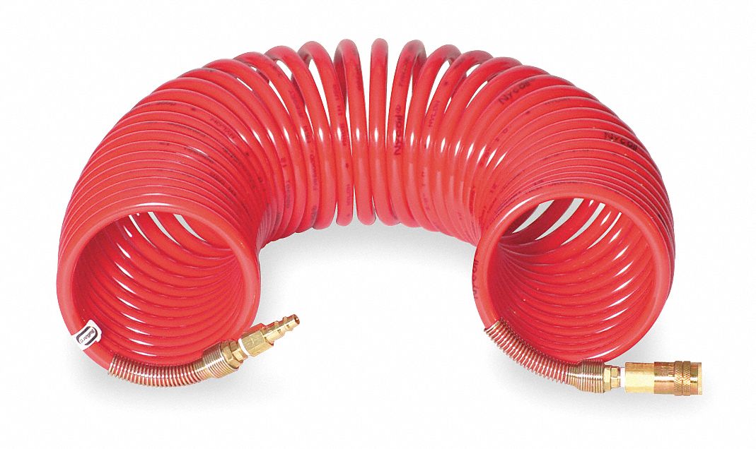 Coiled Airline Hose: 50 ft Hose Lg, 3/8 in Hose Inside Dia, 1/4 in Industrial Interchange, Nylon