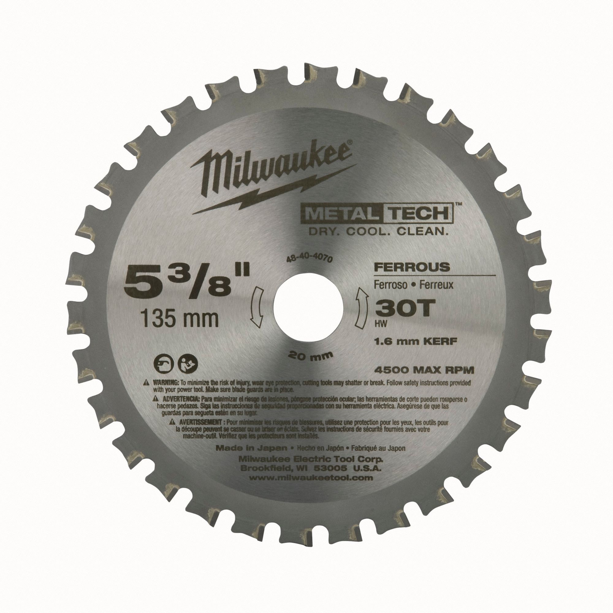 CIRCULAR SAW BLADE, CARBIDE, 5⅜ IN DIA, 30, 25/32 IN, ROUND, 4500 RPM, 0 ° , ATB