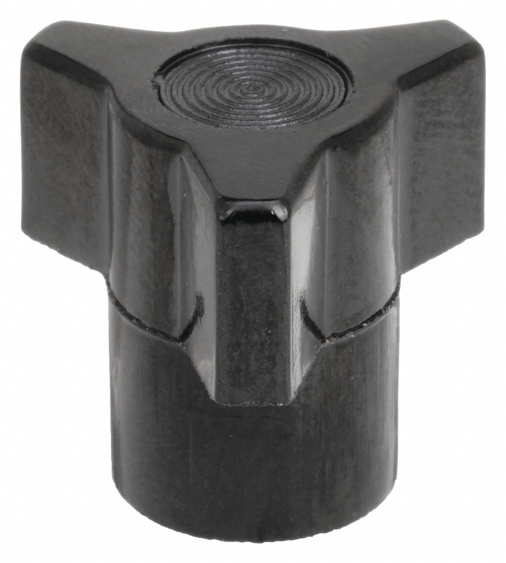 Hand Knob: 3 Point, Thermoset, #10-24 Thread, 1.13 in Dia, Black, Thermoset