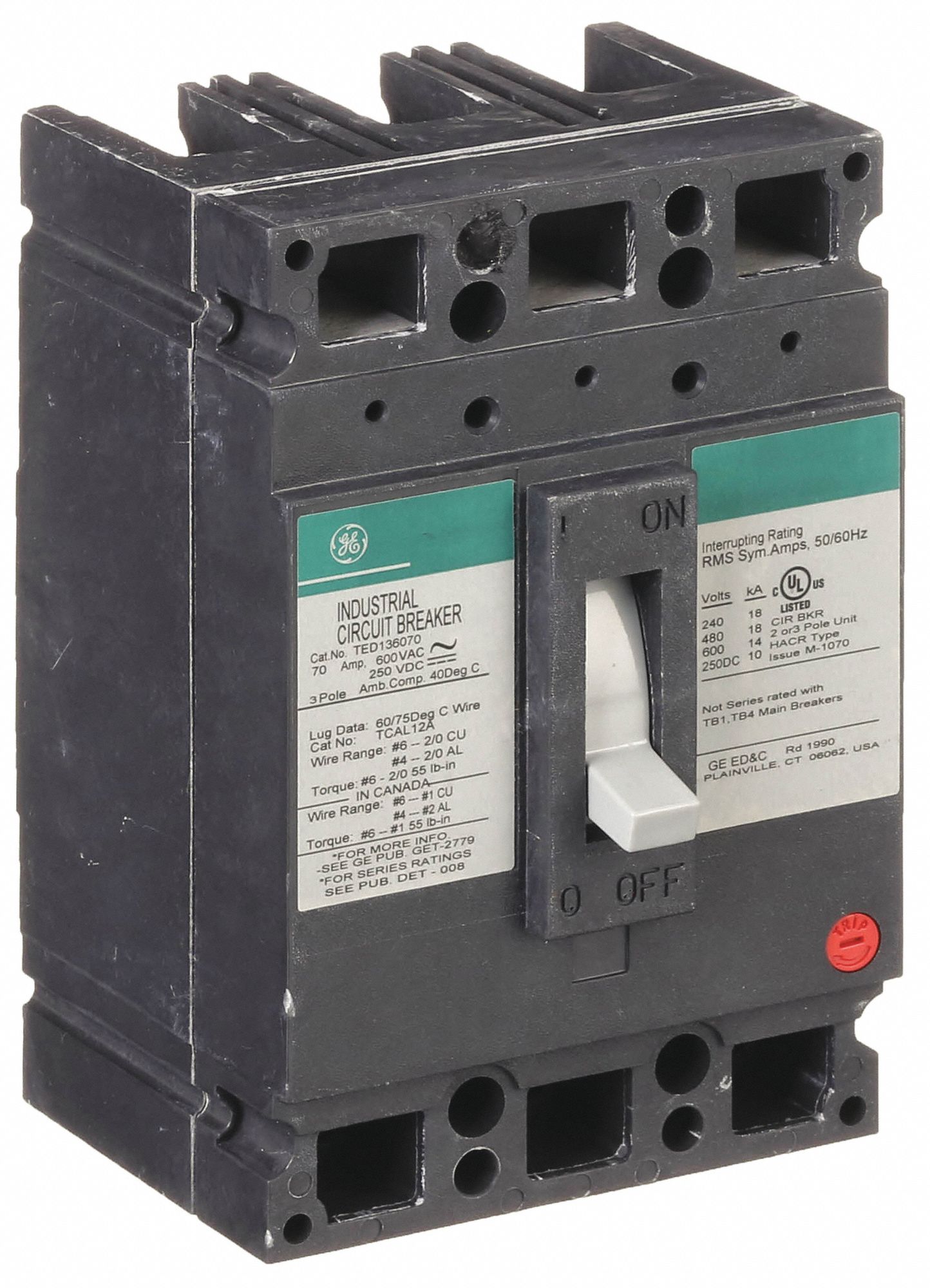 Molded Case Circuit Breaker: 70 A Amps, 18kA at 120/240/277/480V AC, Fixed, Line/Load Lug, ABC