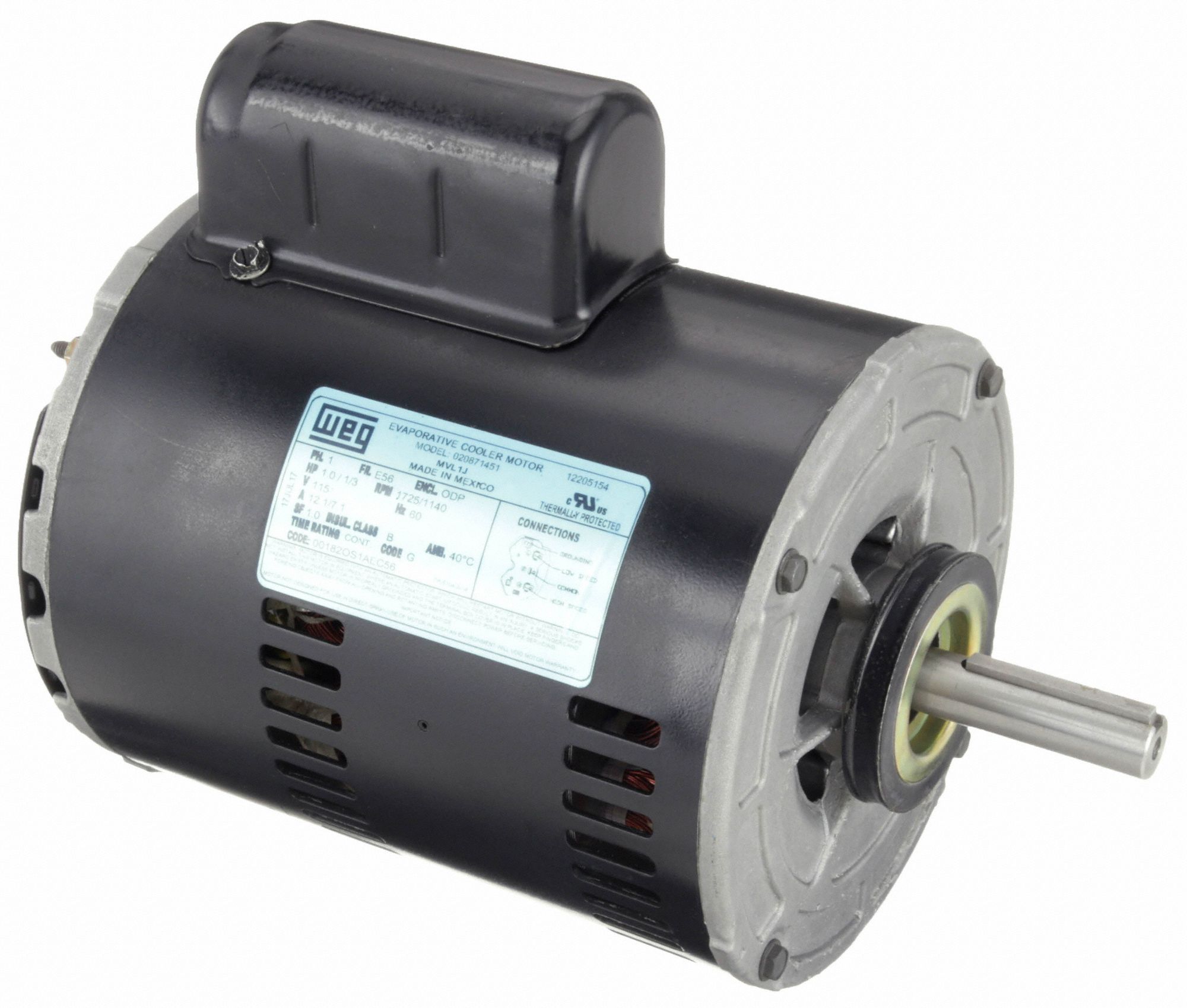 WEG Evaporative Cooler Motor: 2 Speed, 1, 1/3 HP, 1,725/1,140 Nameplate  RPM, 115V AC, 56 Frame, CWSE