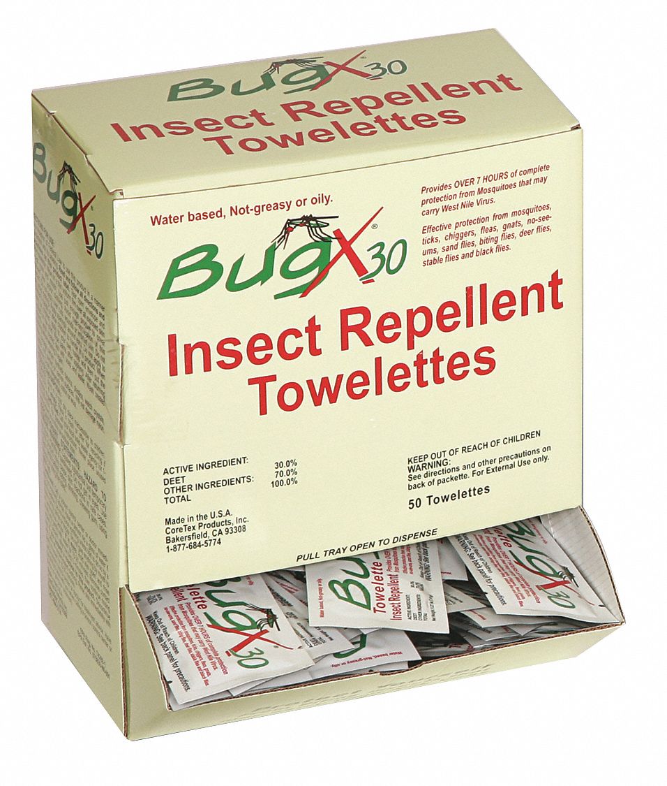 Insect Repellent: Wipes, DEET, 30.00% DEET Concentration, Outdoor Only, 8 in x 5 in, 50 PK