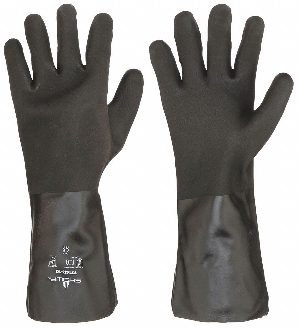 CHEMICAL RESISTANT GLOVES, 18 MIL, 14 IN LENGTH, GRAIN, L, BLACK, PVC