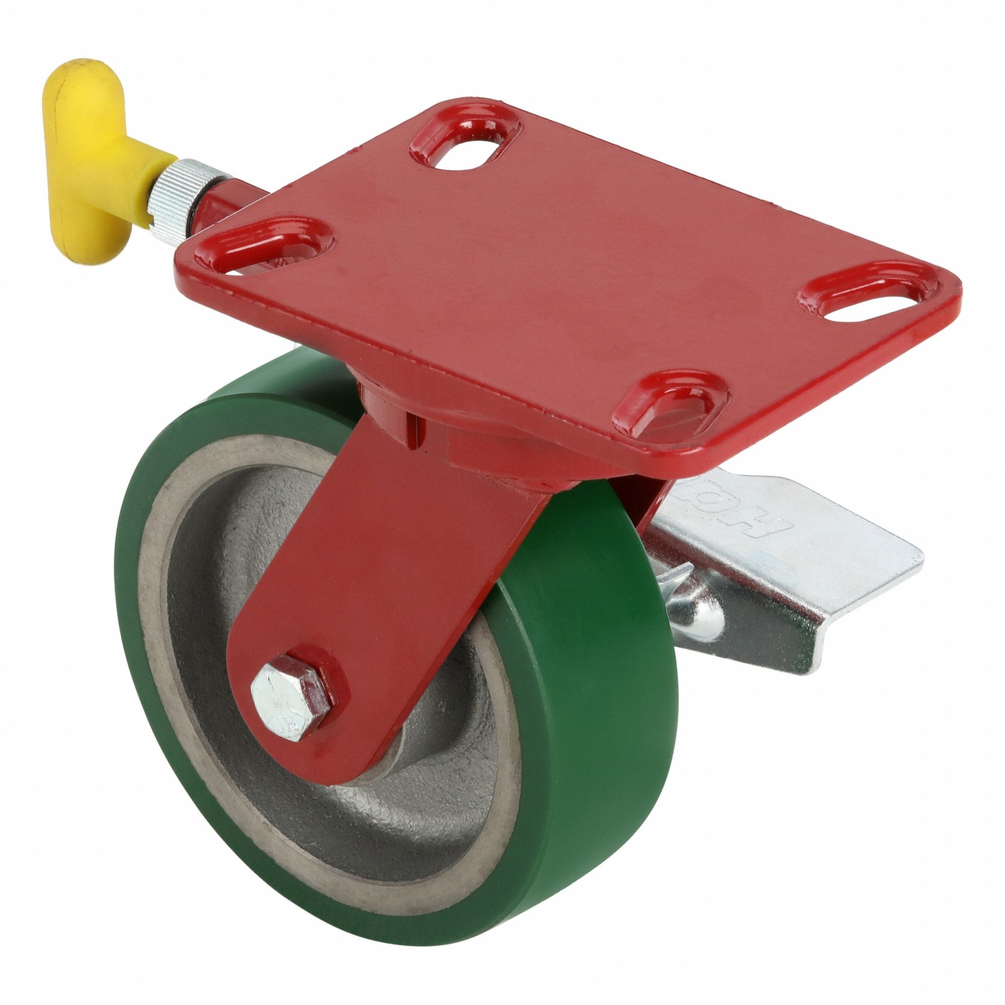 Plate Caster: Swivel, Total Lock, Polyurethane, 6 in Wheel Dia, 2 in Wheel Wd, Slot, Ball