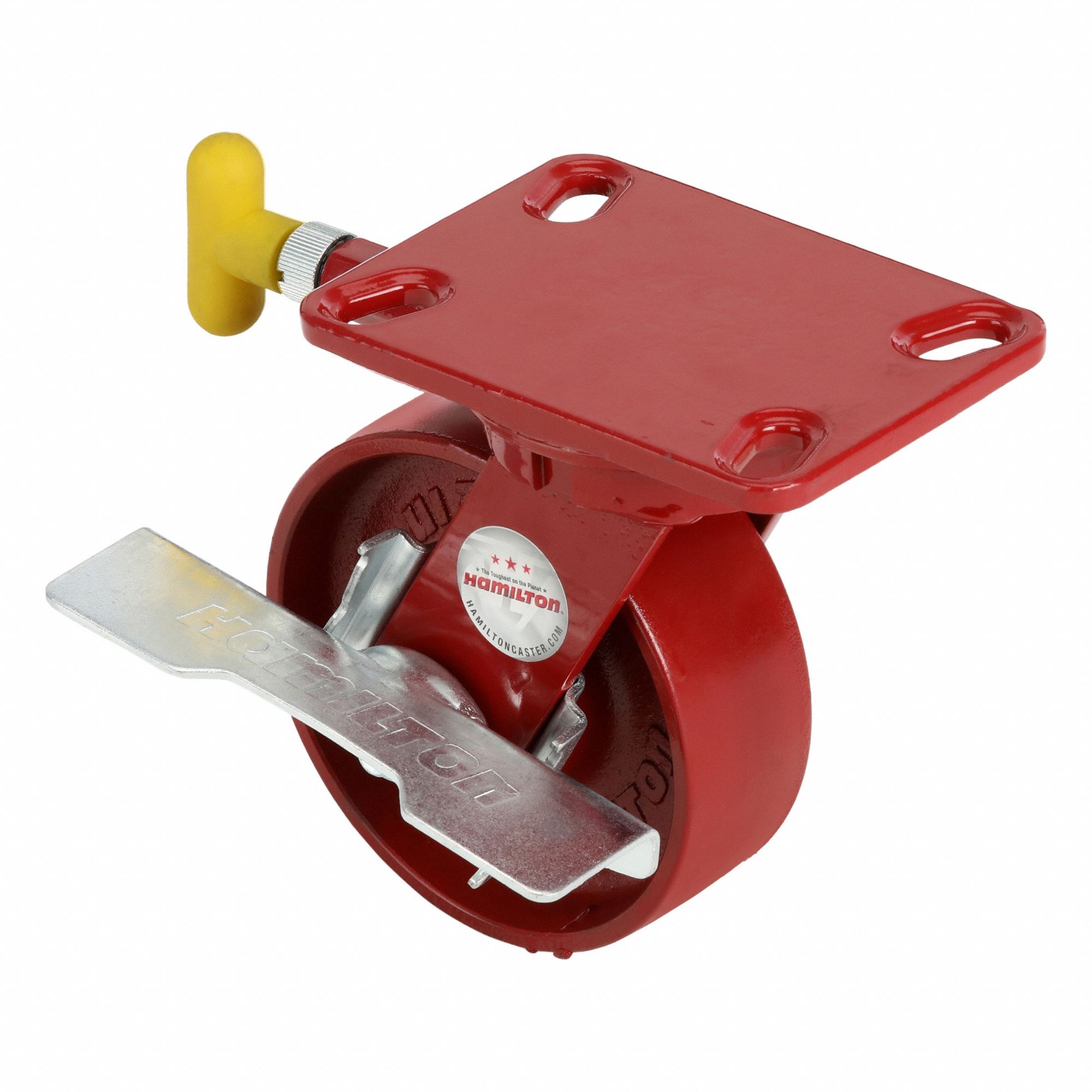 Plate Caster: Swivel, Total Lock, Iron, 6 in Wheel Dia, 2 in Wheel Wd, 7 3/4 in Mounting Ht