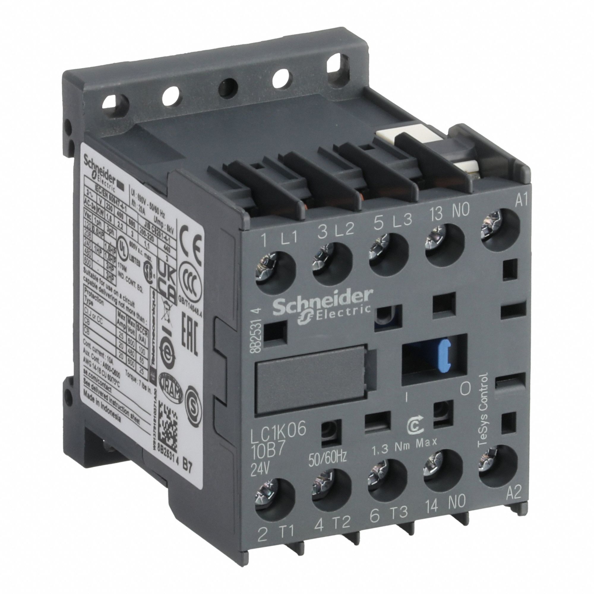 Miniature IEC Magnetic Contactor: Non-Reversing, 3 Poles, 3NO Contacts, 6 A, 24V AC Coil