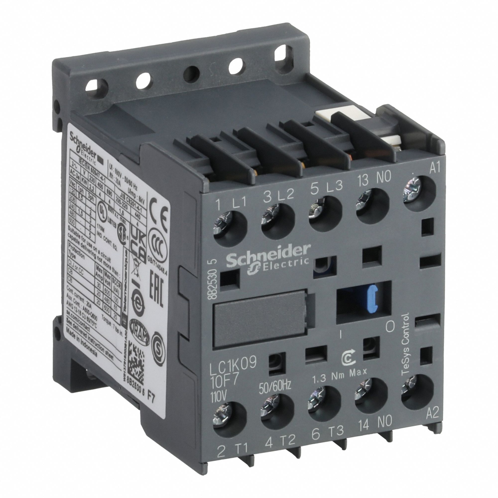 Miniature IEC Magnetic Contactor: Non-Reversing, 3 Poles, 3NO Contacts, 9 A, 110V AC Coil