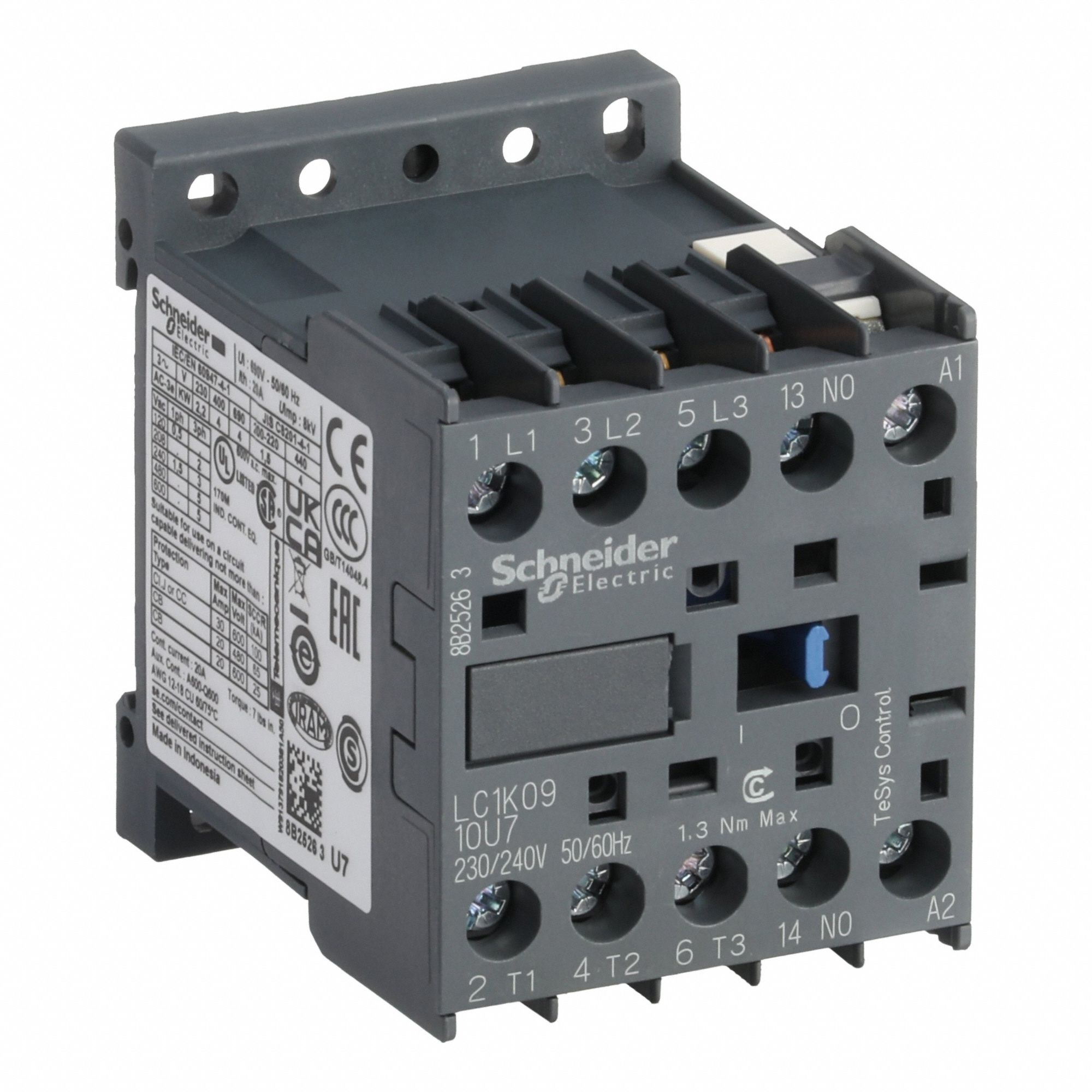 SCHNEIDER Miniature IEC Magnetic Contactor: Non-Reversing, 3 Poles, 3NO Contacts, 9 A, 240V AC Coil (MPN LC1K0910U7). Key specifications — attr945107: SCHNEIDER; attr972381: No.