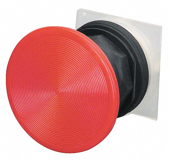 Mushroom Head Push Button: Red, 30 mm Mounting Size, Non-Metallic, Momentary