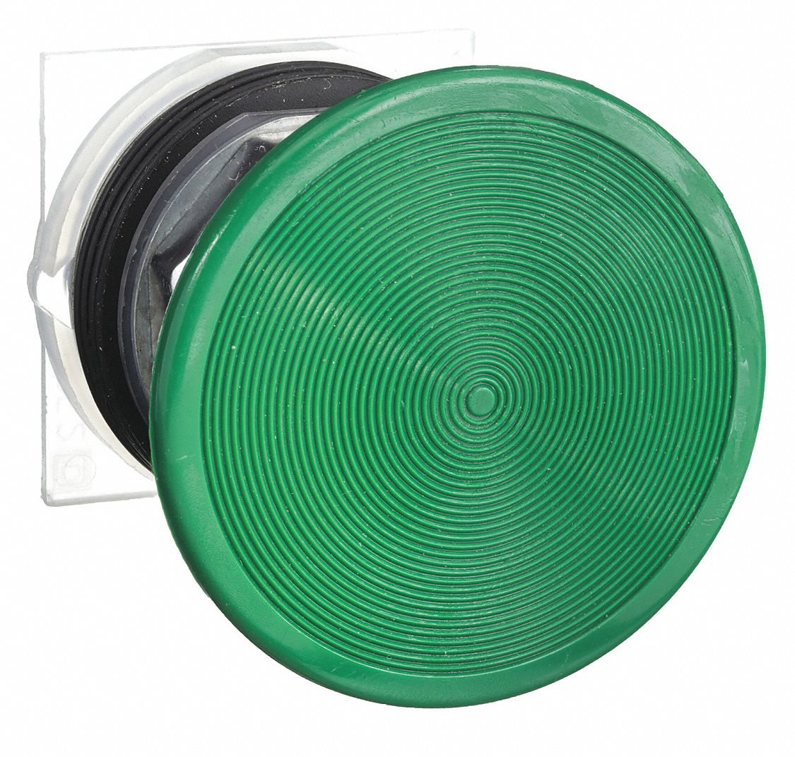 Mushroom Head Push Button: Green, 30 mm Mounting Size, Metallic, Momentary