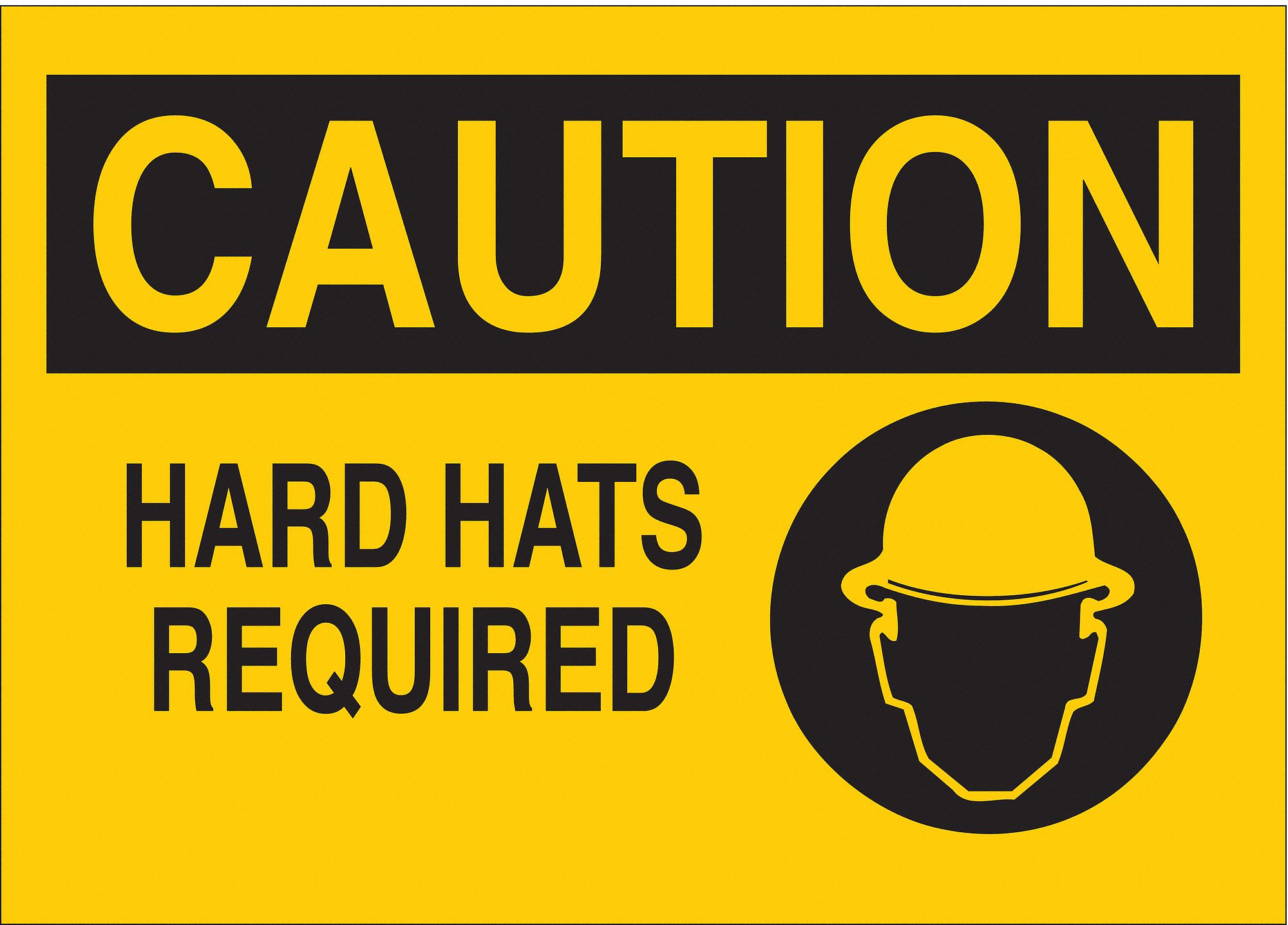 CAUTION SIGN, PLASTIC, HARD HATS REQUIRED, HEADER CAUTION, RECTANGLE, 10 IN HEIGHT, 14 IN WIDTH, YELLOW/BLACK