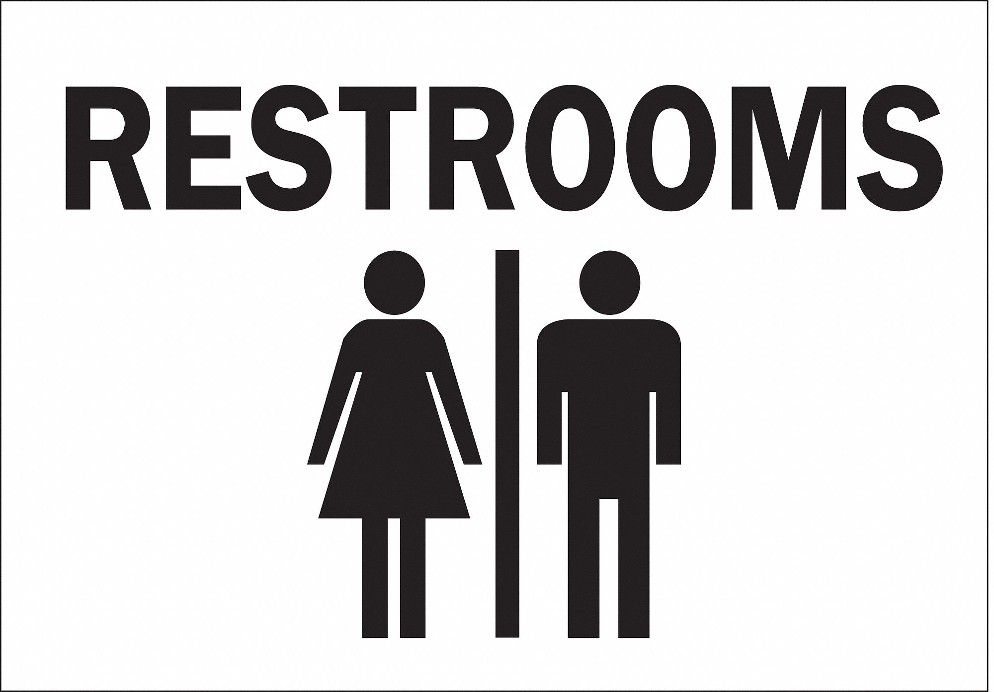 RESTROOM SIGN, PLASTIC, 14 IN WIDTH, 10 IN HEIGHT, WHITE, WITH MOUNTING HOLES