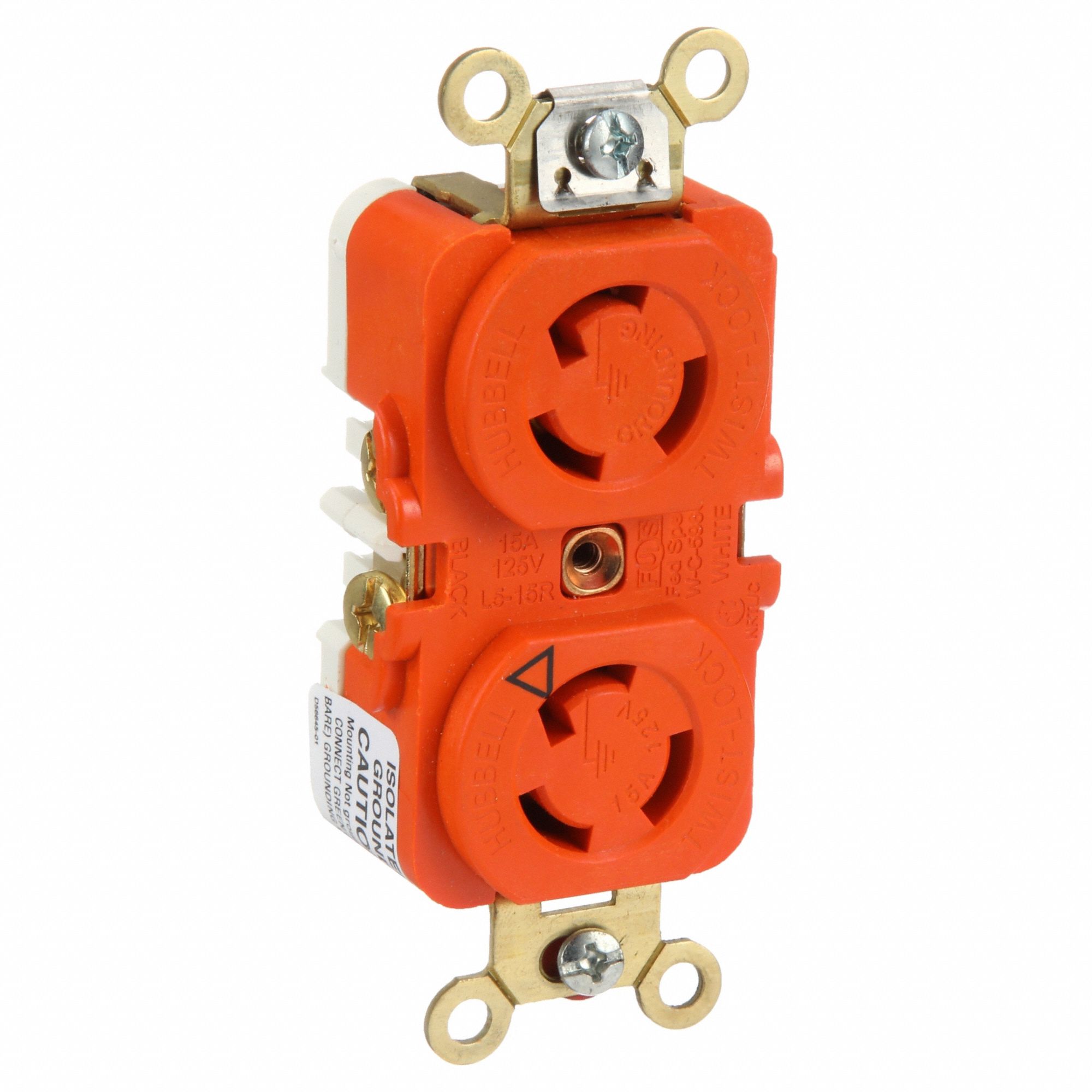 DUPLEX LOCKING RECEPTACLE, L5-15R, 15 A, 125V AC, ORANGE, 2 POLES