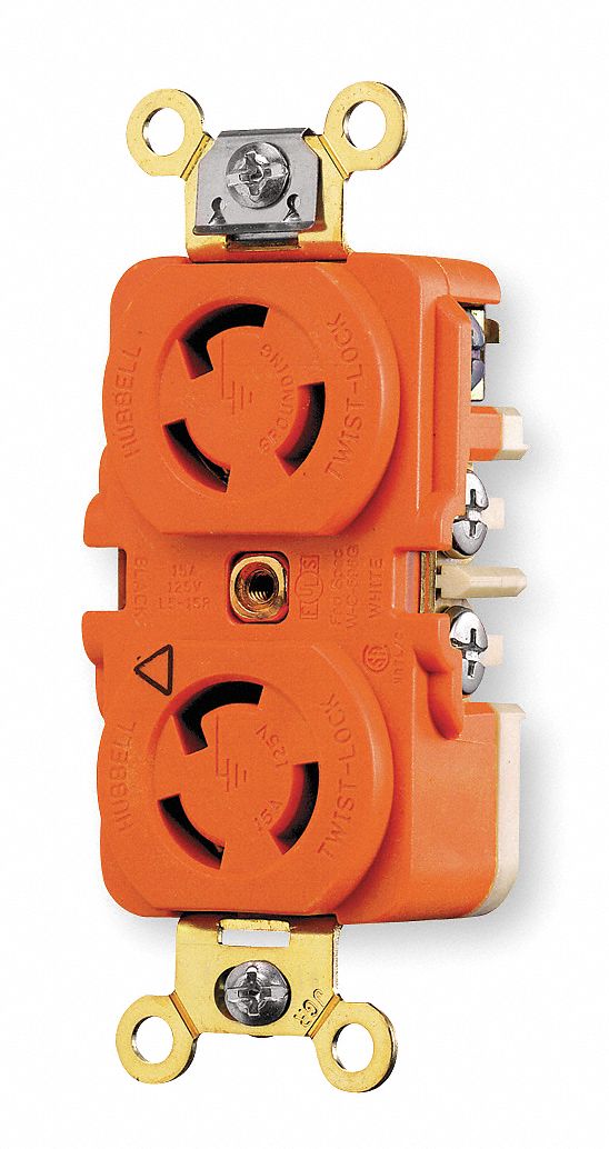 HUBBELL WIRING DEVICE-KELLEMS Orange Duplex Locking Receptacle, 15 Amps