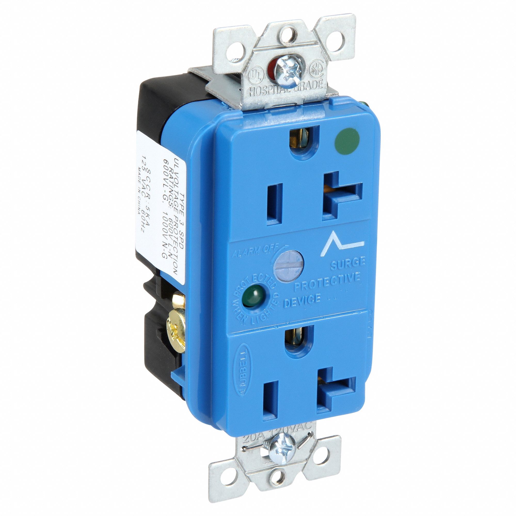 RECEPTACLE, DUPLEX, 5-20R, 20 A, 125V AC, BLUE, 2 POLE/3 WIRE POLES AND WIRES