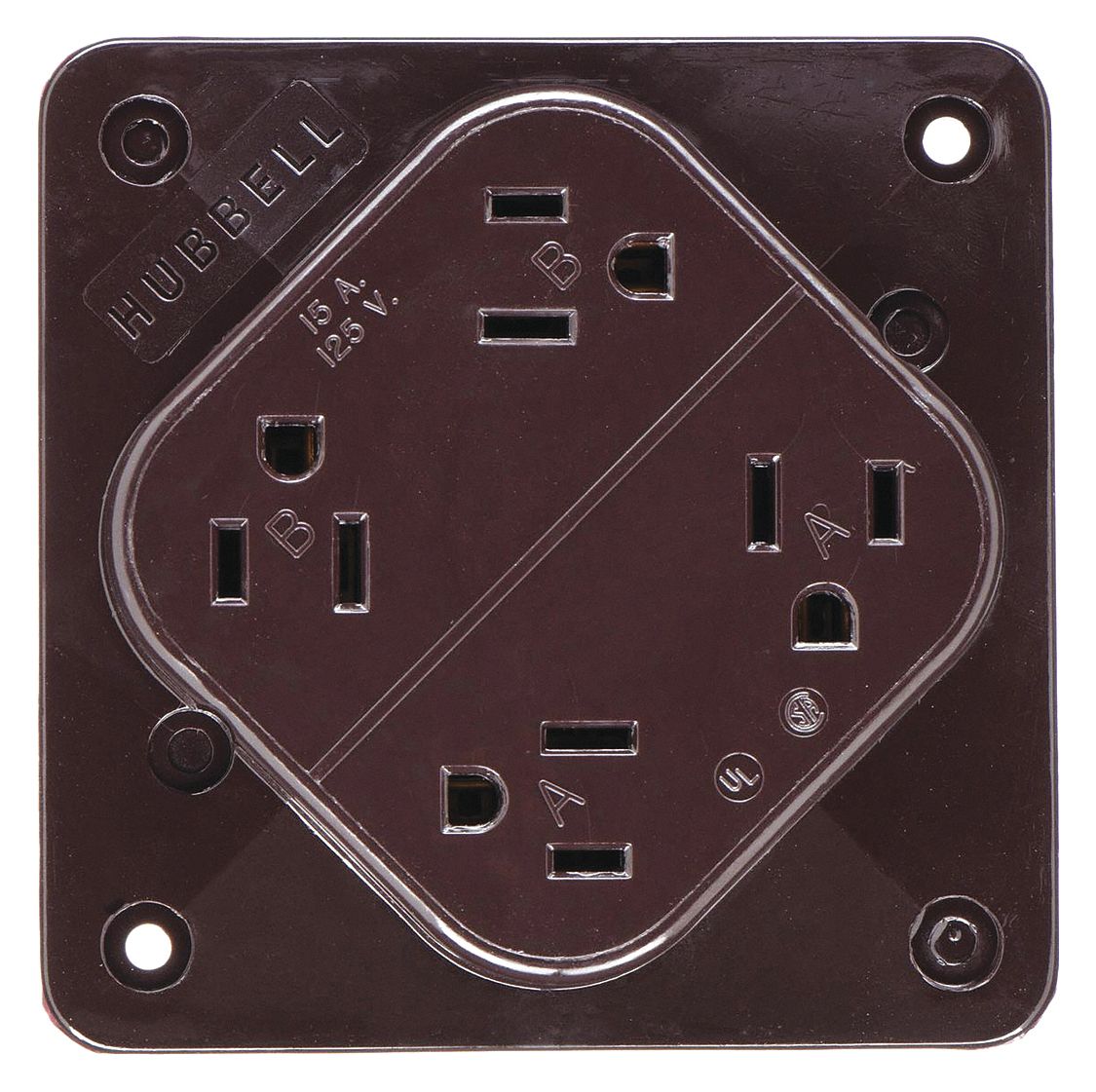 RECEPTACLE, QUAD, BROWN, 5-15R, 15 A, 125V AC, 2 POLE/3 WIRE, SCREW TERMINALS