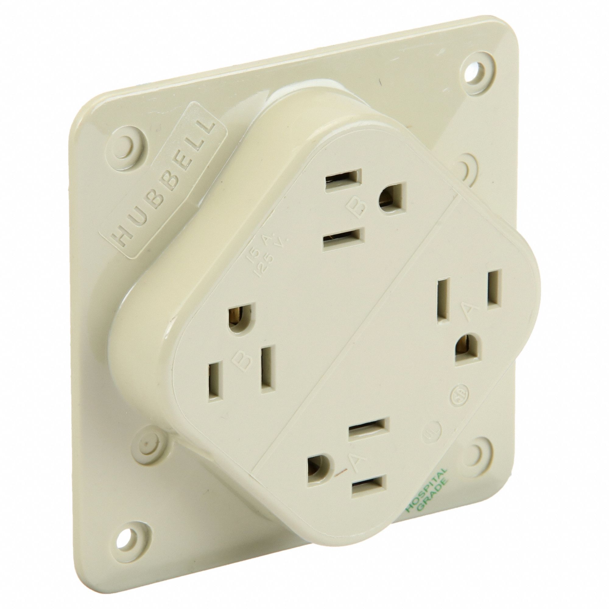 RECEPTACLE, QUAD, 5-15R, 15 A, 125V AC, IVORY, 2 POLE/3 WIRE POLES AND WIRES