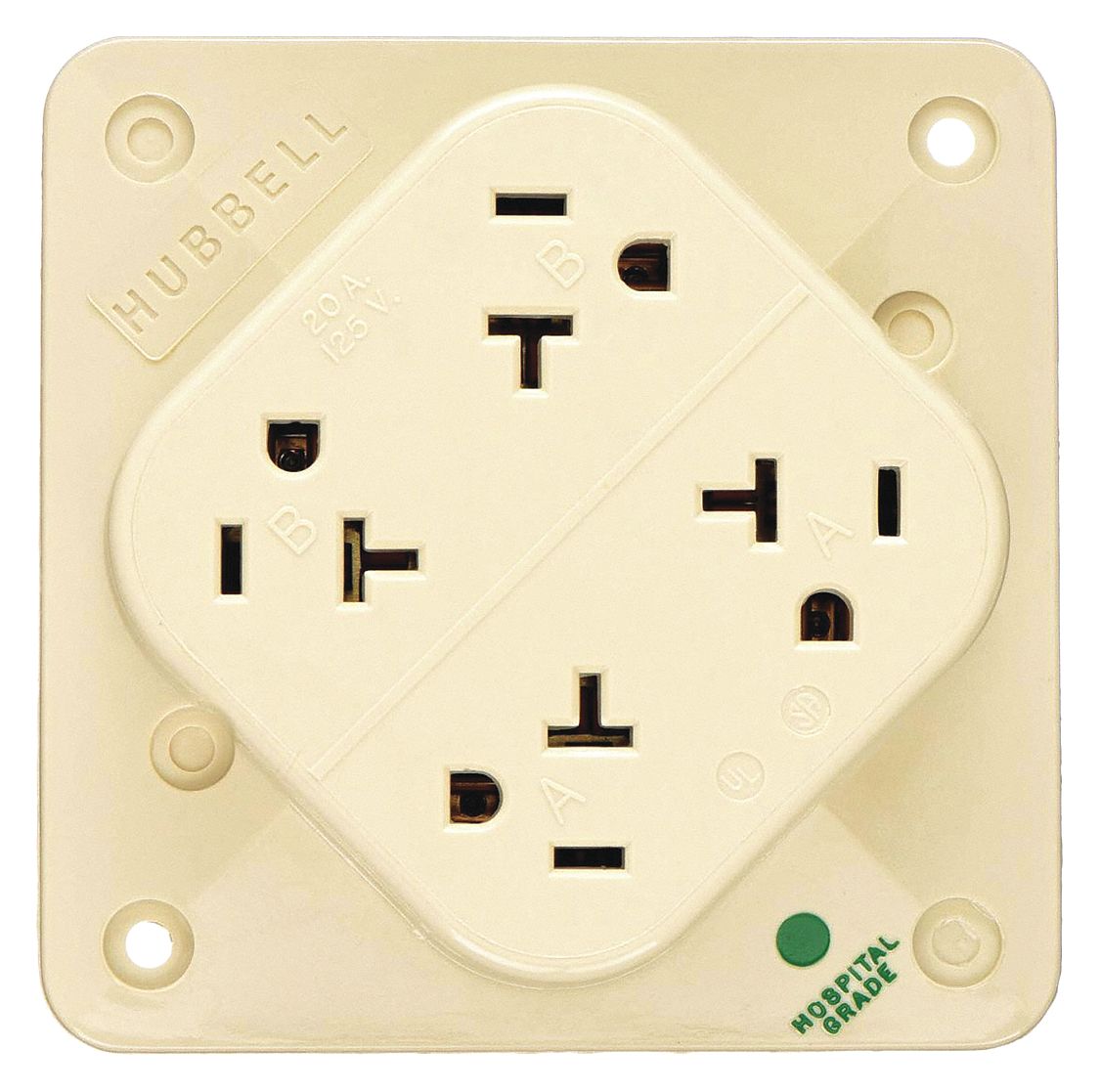 RECEPTACLE, QUAD, 5-20R, 20 A, 125V AC, IVORY, 2 POLE/3 WIRE POLES AND WIRES