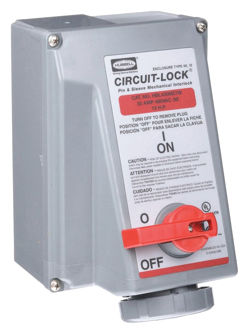 Watertight Mechanical Interlock Device: Non-Fused, 30 A, 480V AC, 15 hp Horsepower Rating