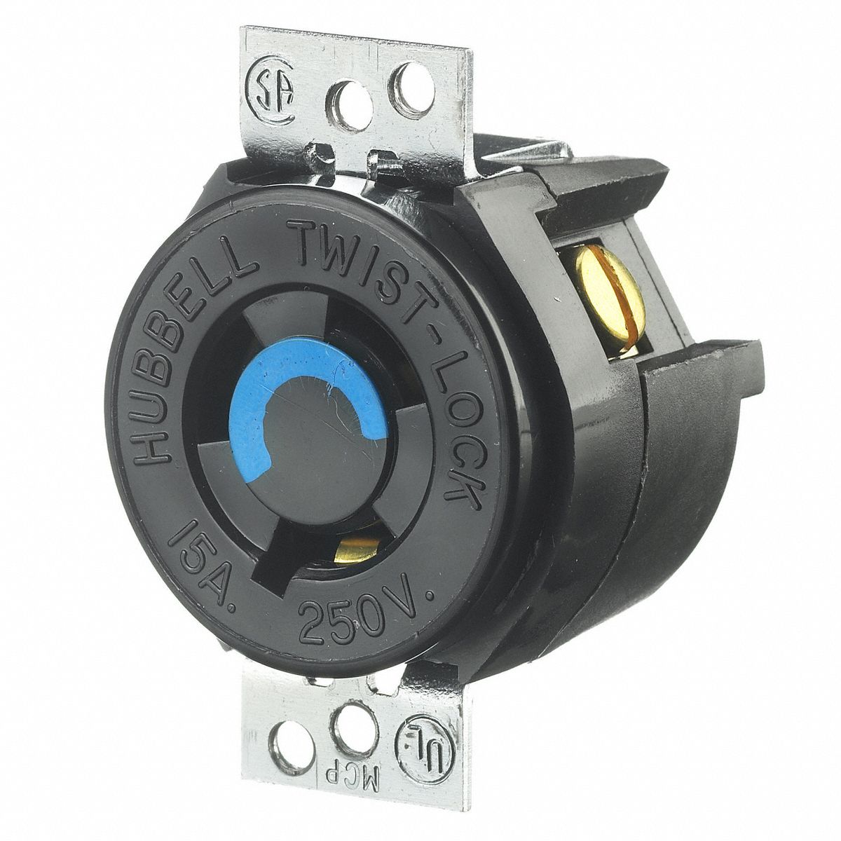 HUBBELL WIRING DEVICEKELLEMS Black Locking Receptacle, 15 Amps, 250V
