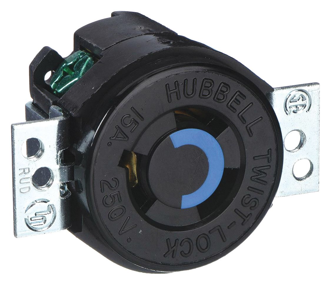 LOCKING RECEPTACLE, L6-15R, 15 A, 250V AC, BLACK, 2 POLES, SCREW TERMINALS, L6-15