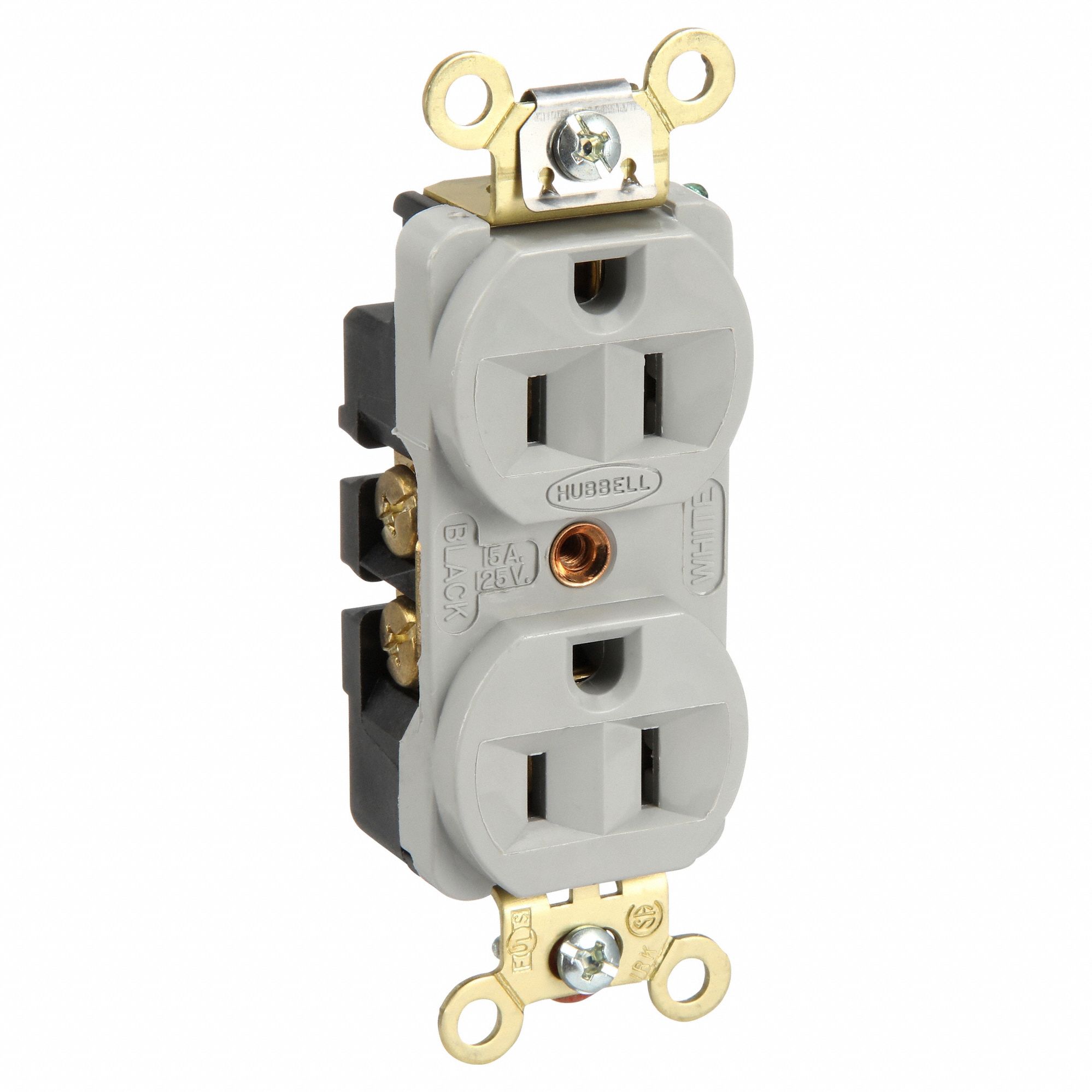 RECEPTACLE, DUPLEX, 5-15R, 125V AC, 15 A, GREY, 2 POLE/3 WIRE, SCREW TERMINALS