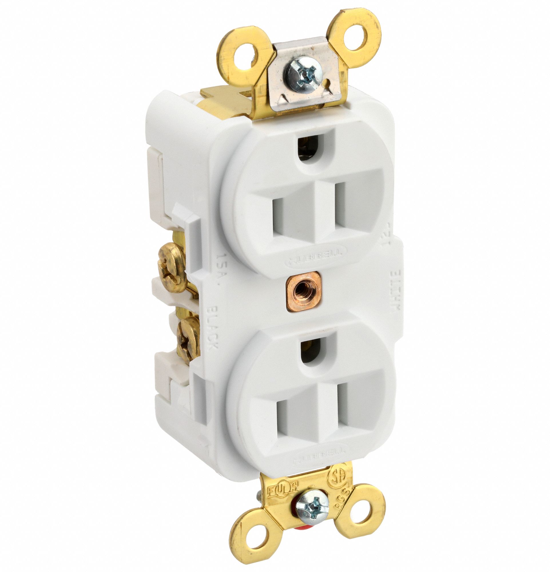 RECEPTACLE, DUPLEX, 5-15R, 125V AC, 15 A, WHITE, 2 POLE/3 WIRE, SCREW TERMINALS