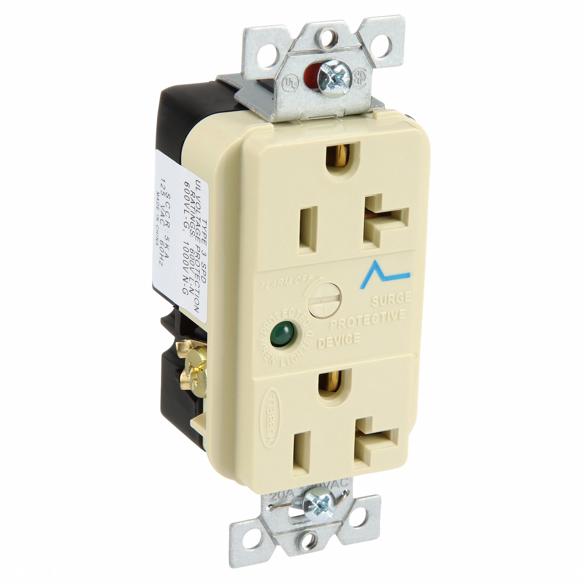 Receptacle: Duplex, 5-20R, 125V AC, 20 A, Ivory, 2 Pole / 3 Wire, Screw Terminals
