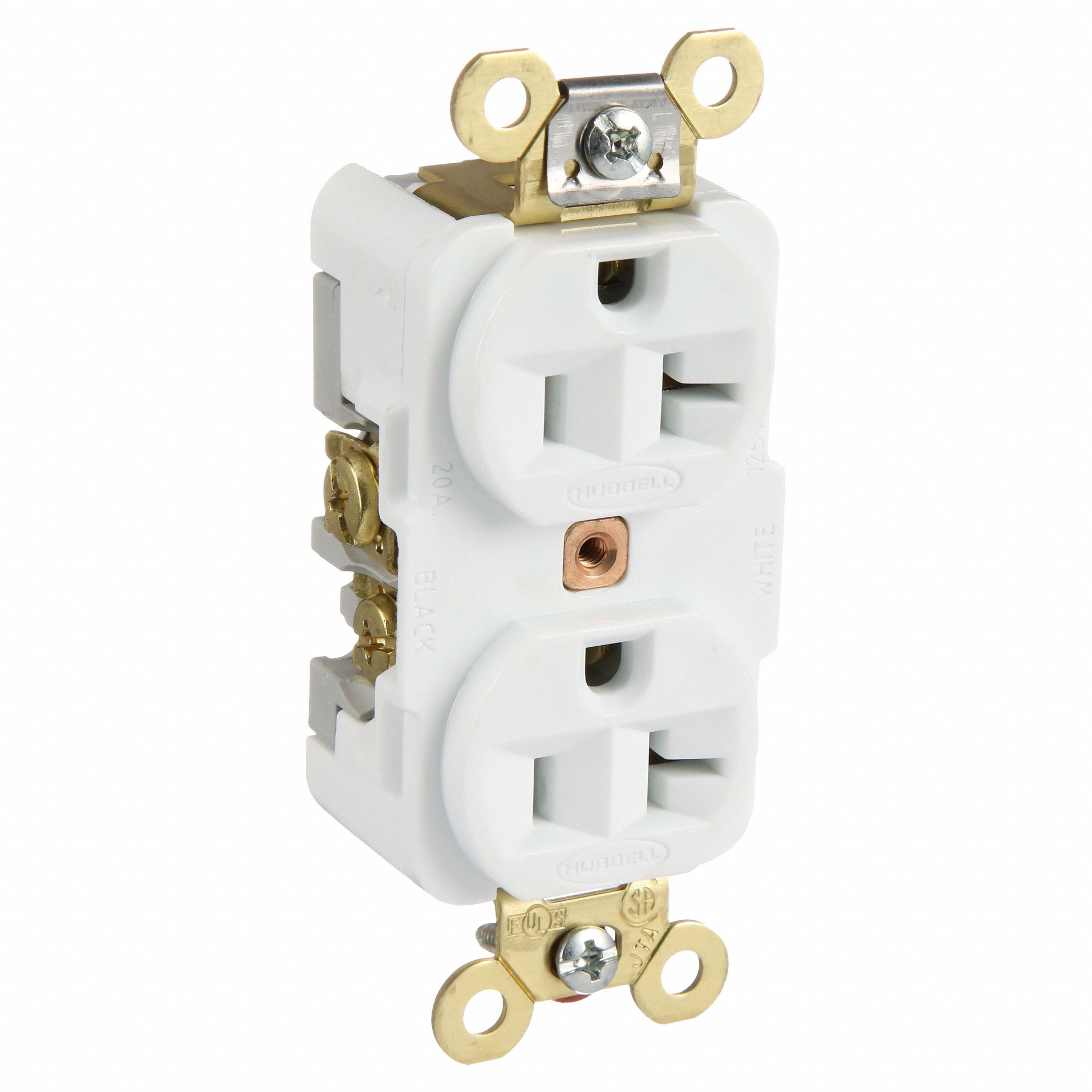 RECEPTACLE, DUPLEX, 5-20R, 125V AC, 20 A, WHITE, 2 POLE/3 WIRE, SCREW TERMINALS