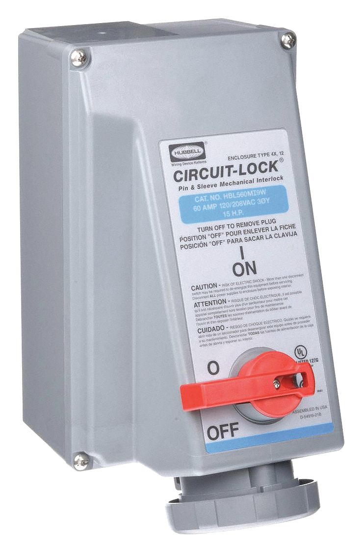 Watertight Mechanical Interlock Device: Non-Fused, 60 A, 120/208V AC, 15 hp Horsepower Rating