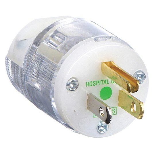 Straight Blade Plug: 5-15P, 15 A, 125V AC, Clear, 2 Poles, Screw Terminals, Hospital Grade Straight Blade Plug: 5-15P, 15 A, 125V AC, Clear, 2 Poles, Screw Terminals, Hospital Grade