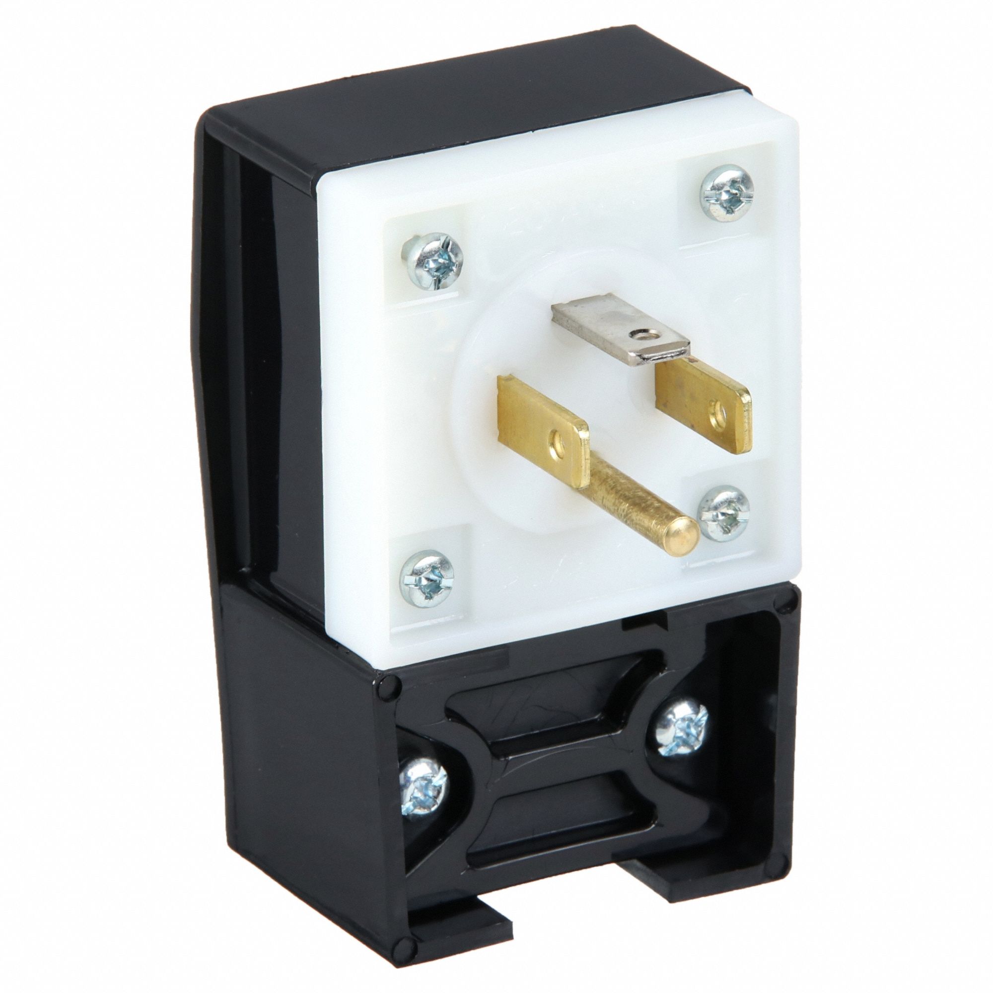 Angle Straight Blade Plug: 14-20P, 20 A, 125/250V AC, Black/White, 3 Poles