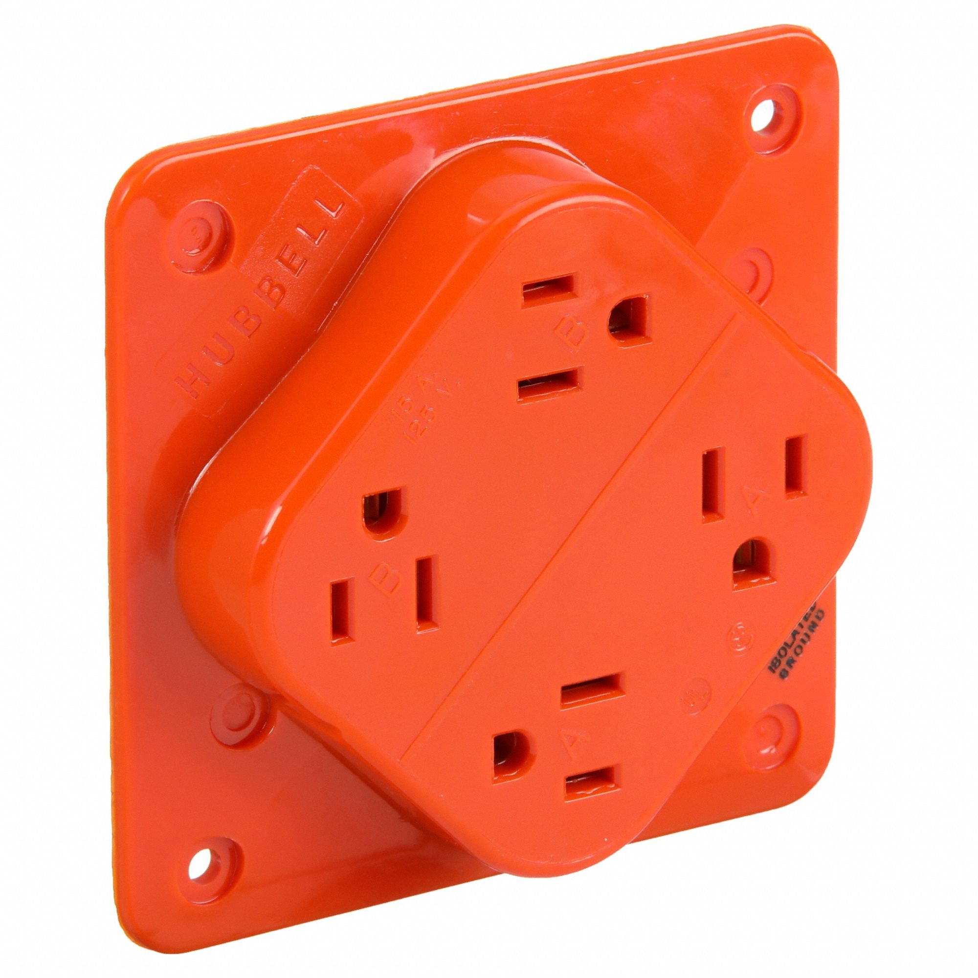 RECEPTACLE, QUAD, ORANGE, 5-15R, 15 A, 125V AC, 2 POLE/3 WIRE, SCREW TERMINALS