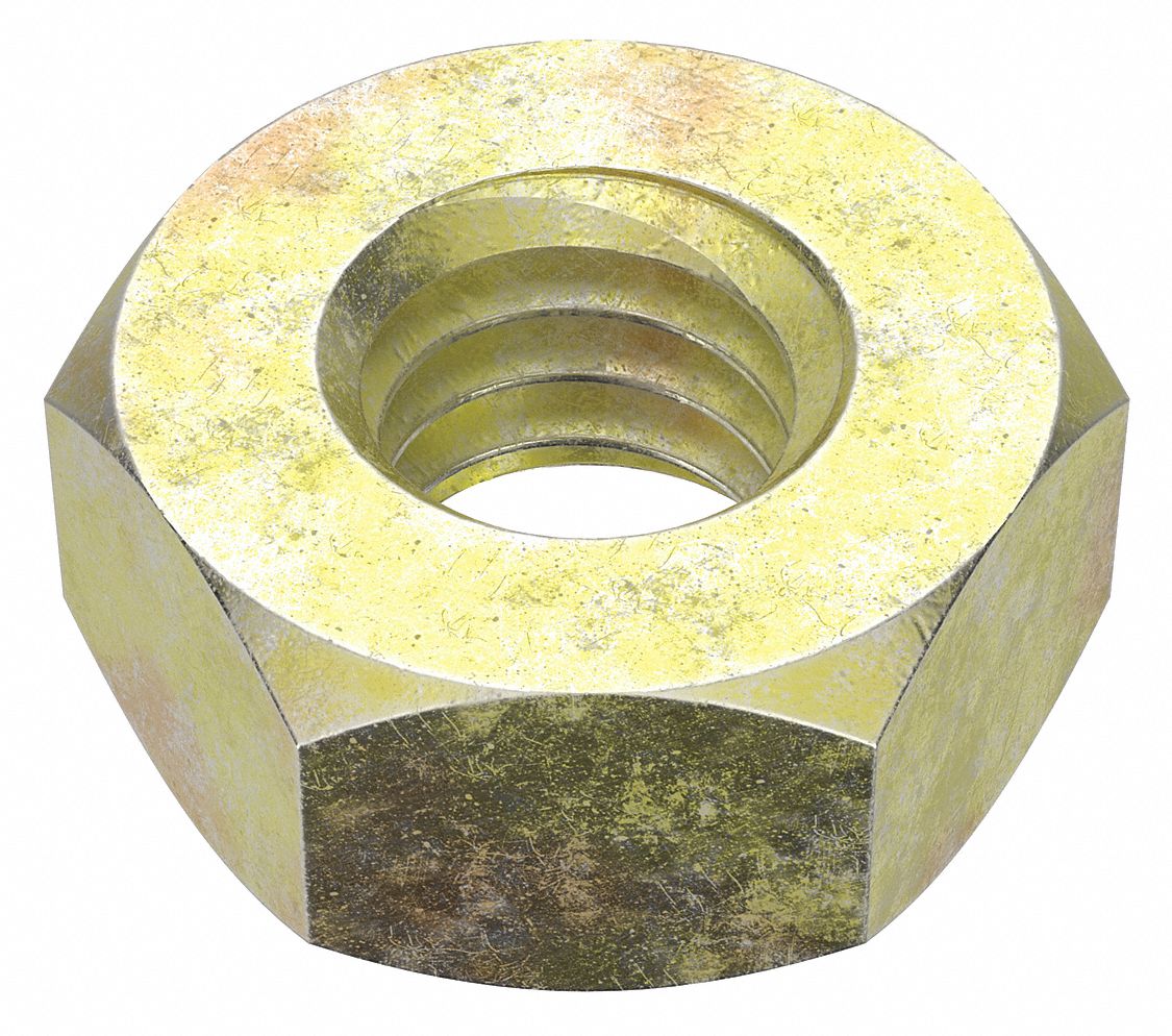 Hex Nut: Std Hex, M4x0.70 Thread, 7 mm Hex Wd, 3.2 mm Hex Ht, Steel, Class 10, Zinc Yellow, 100 PK