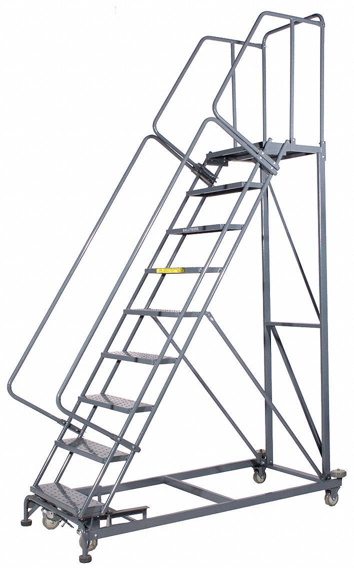 10Step Rolling Ladder, Serrated Step Tread, 133 in Overall Height, 800