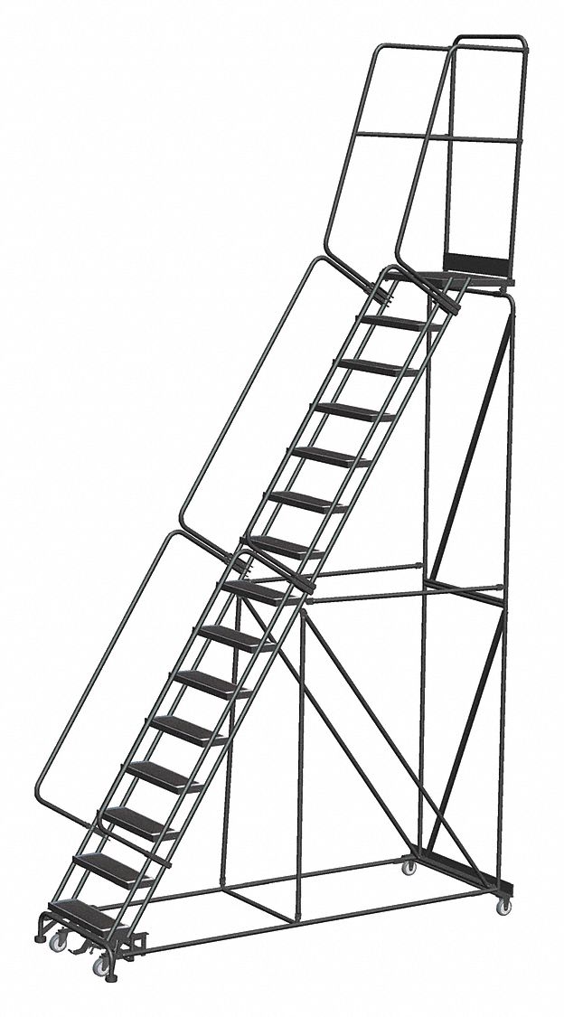 ROLLING LADDER, 12½FT PLATFORM H, UNASSEMBLED, STEEL, W-ACTUATED AUTO-LOCK, PERFORATED