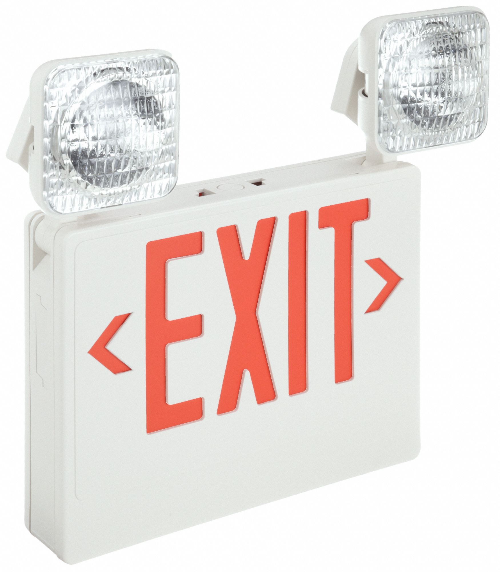 EXIT SIGN, EMERGENCY LIGHTS, WHITE, 1 OR 2 FACES, RED, INCANDESCENT, CEILING/END/WALL