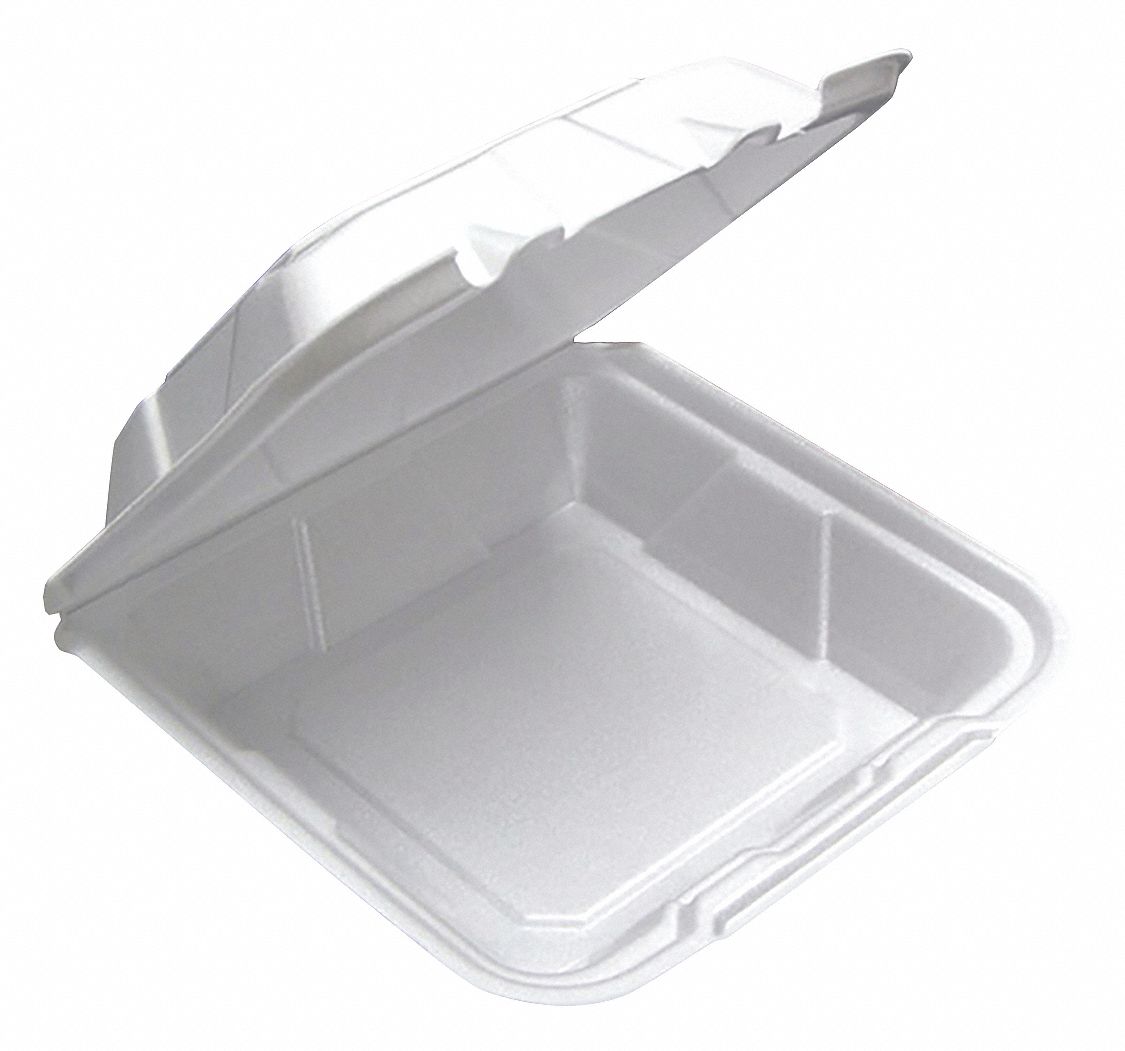 Carry-Out Food Container: Foam, Square, White, 1 Compartments, Microwave Safe, 150 PK