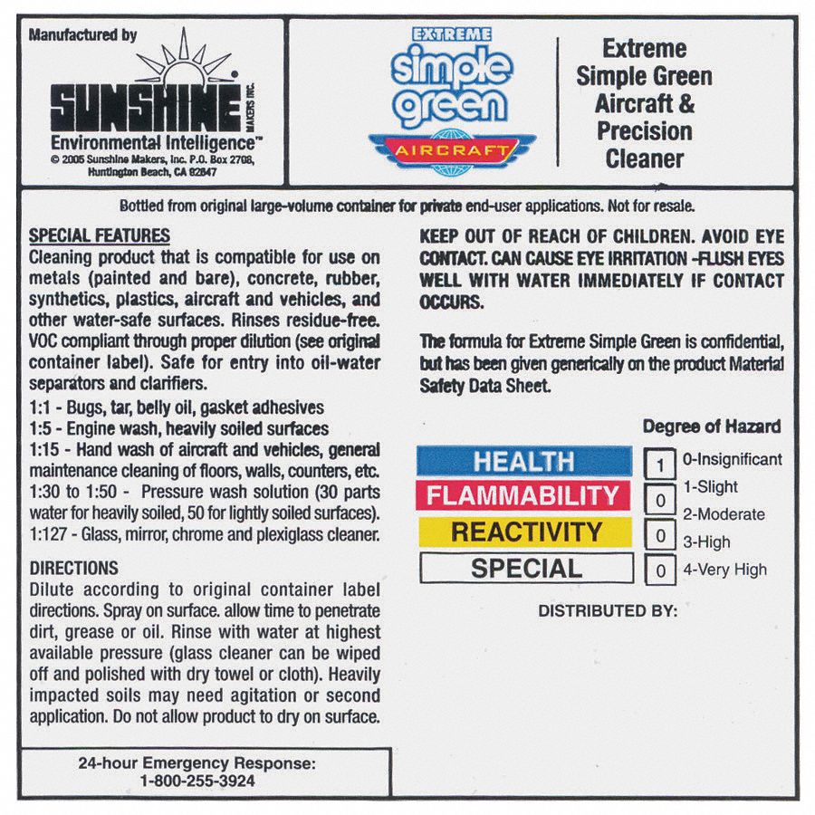 Simple Green Secondary Label Extreme Simple Green Aircraft Blue Red Yellow Black White Pk 10 6cmu9 Grainger