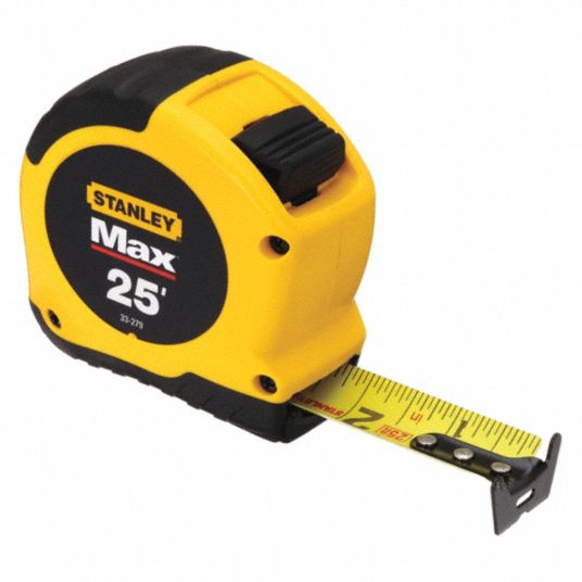 Stanley Tape Measure: 25 ft Tape Lg, 1 in Tape Wd, Plastic Case, Polymer, 7 ft Standout Lg, Auto, Yellow Tape, SAE, inch