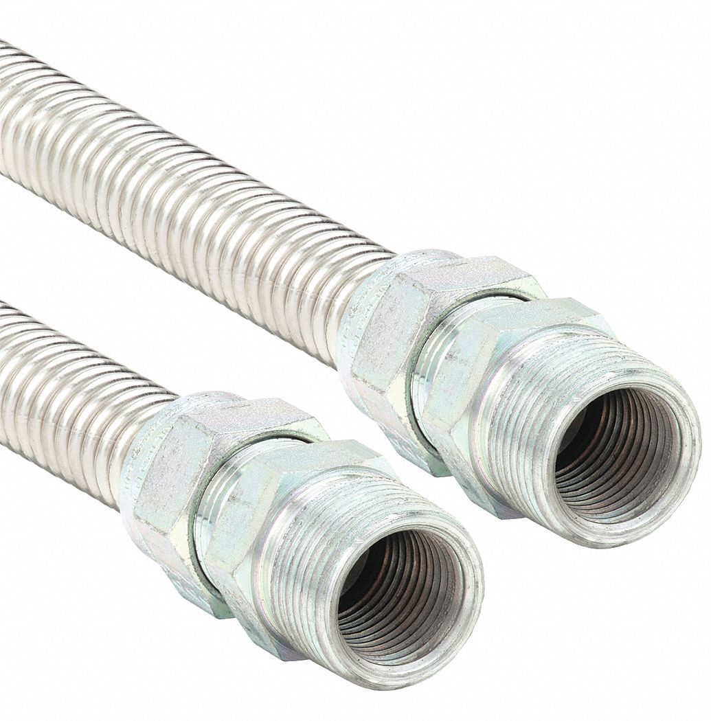 Gas Connector: 1/2 in Hose Inside Dia., 24 in Hose Lg, 150, 000 BTU Capacity, Silver, FNPT x FNPT