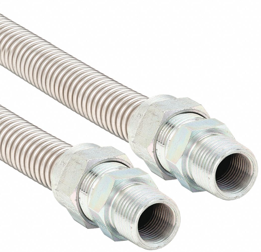 Gas Connector: 1/2 in Hose Inside Dia., 24 in Hose Lg, 150, 000 BTU Capacity, Silver, FNPT x FNPT