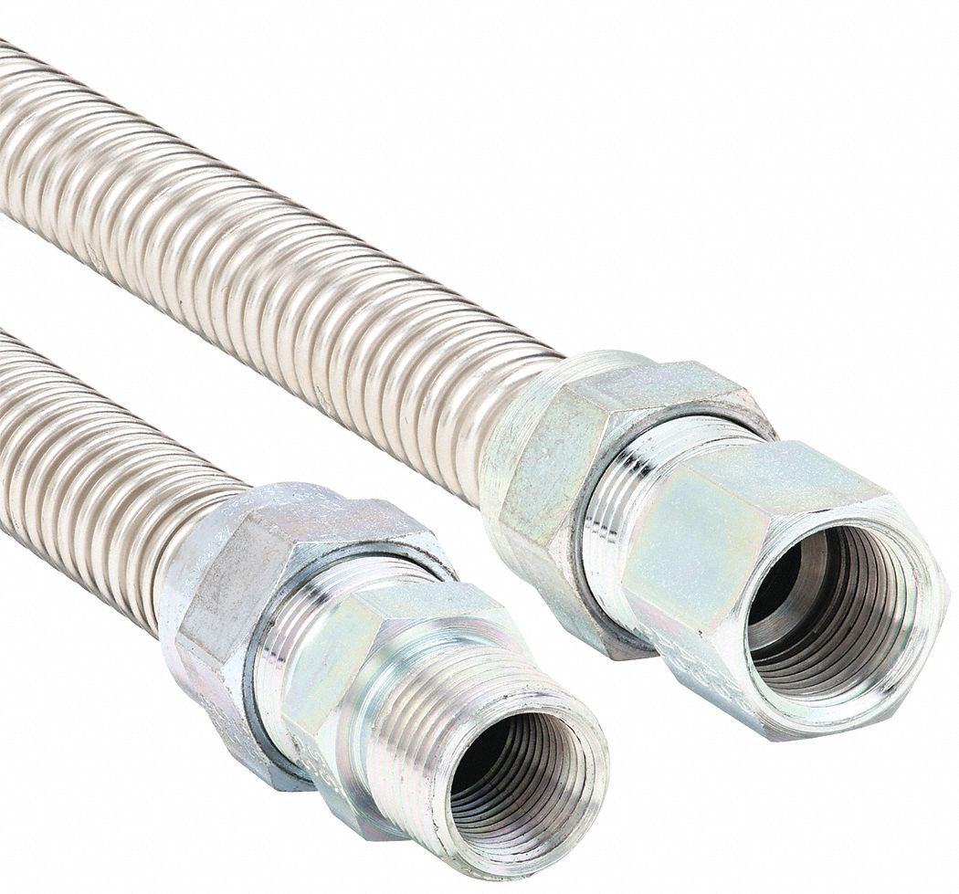 Gas Connector: 1/2 in Hose Inside Dia., 24 in Hose Lg, 150, 000 BTU Capacity, Silver, FNPT x FNPT