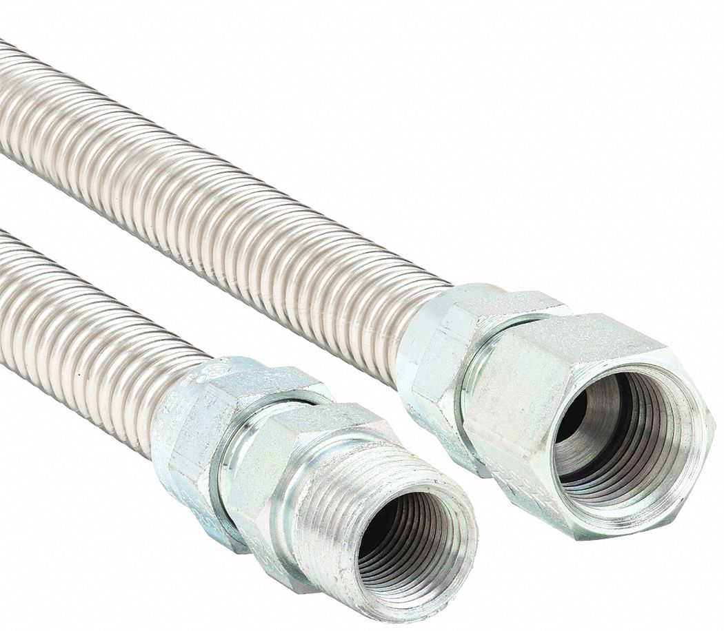 Gas Connector: 1/2 in Hose Inside Dia., 36 in Hose Lg, 125, 000 BTU Capacity, Silver, FNPT x FNPT
