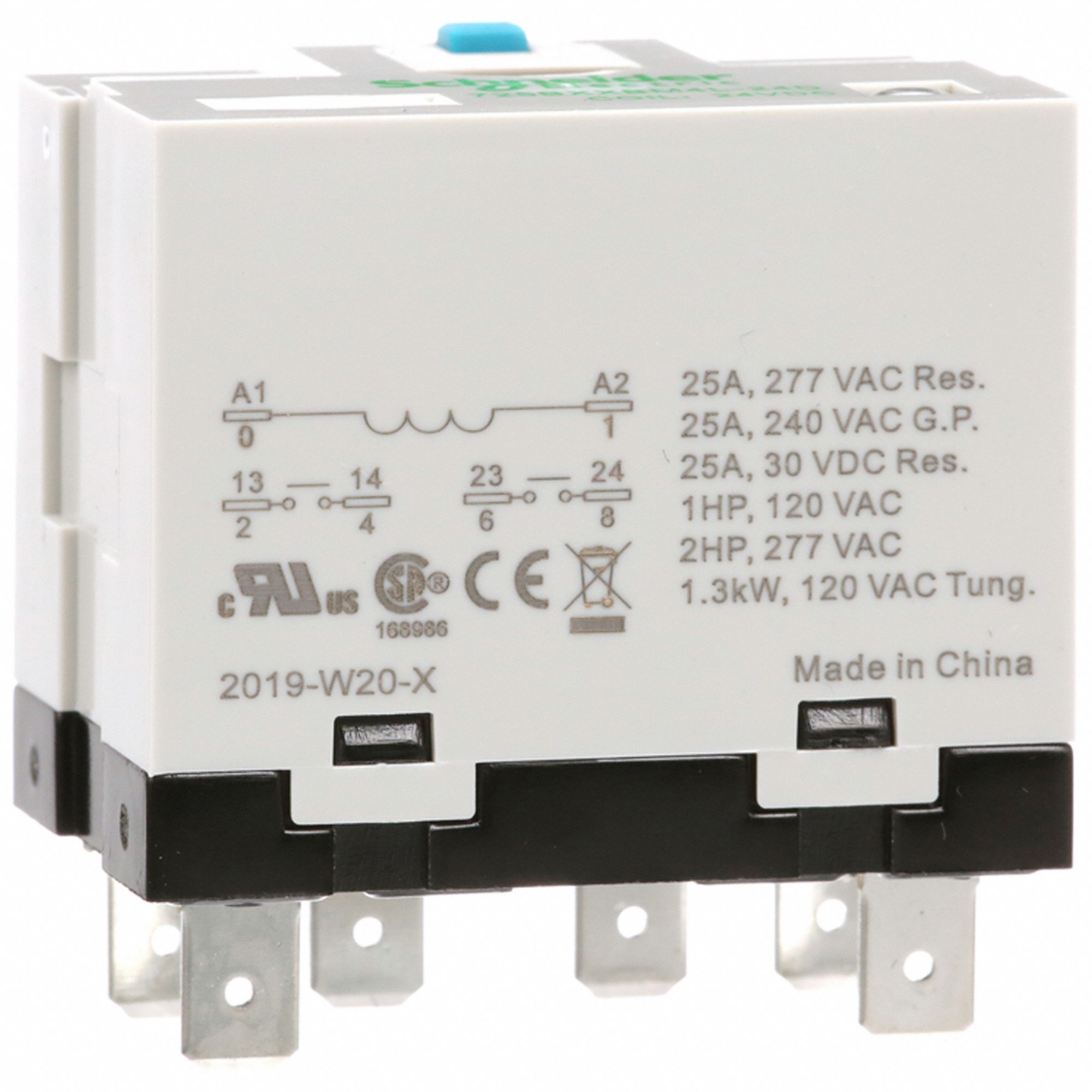 Enclosed Power Relay: Socket Mounted, 25 A Current Rating, 24V DC, 6 Pins/Terminals
